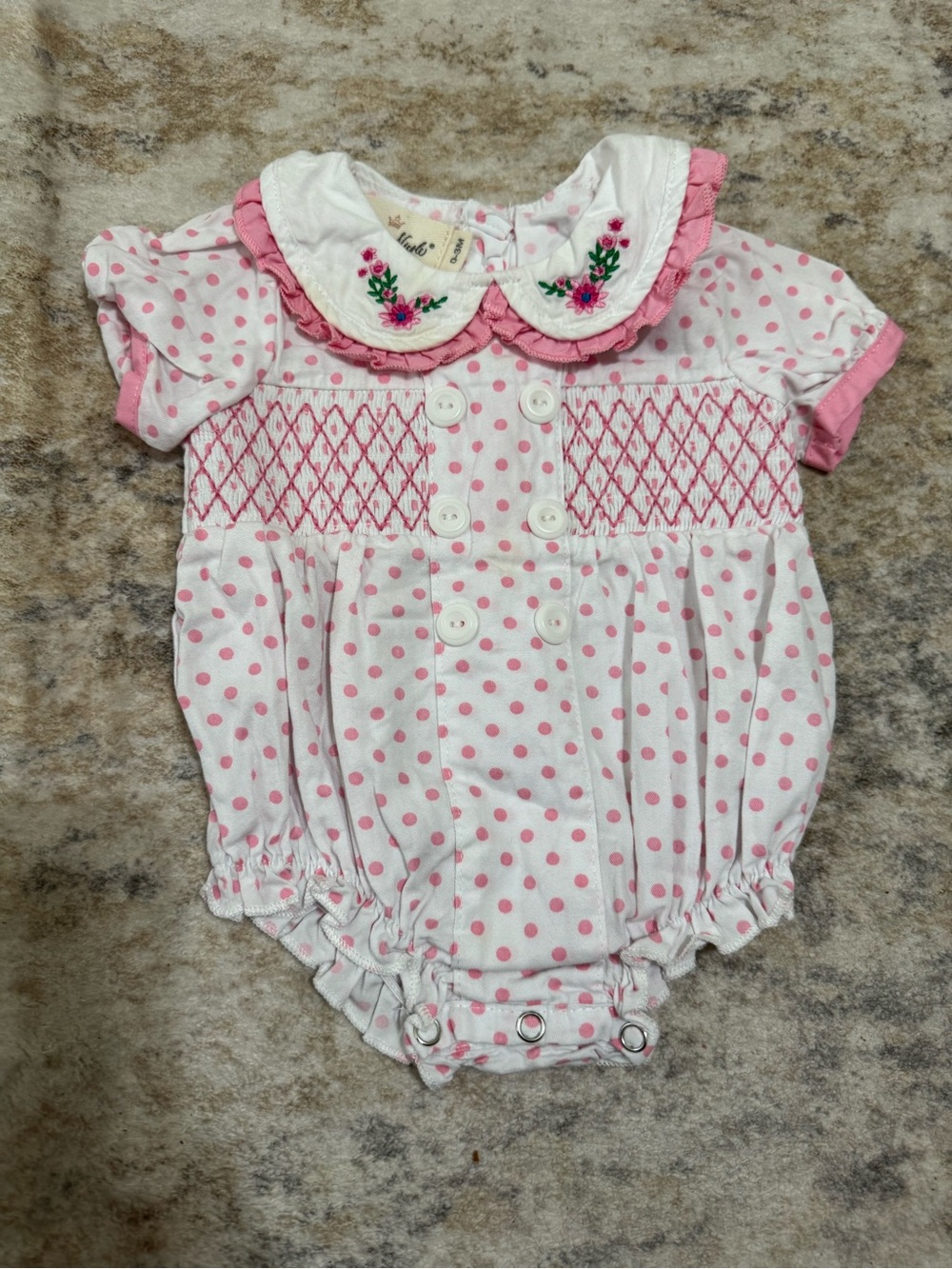 Marie Nicole Clothing Pink Polka Dot Smocked Bubble Romper Embroidered Collar